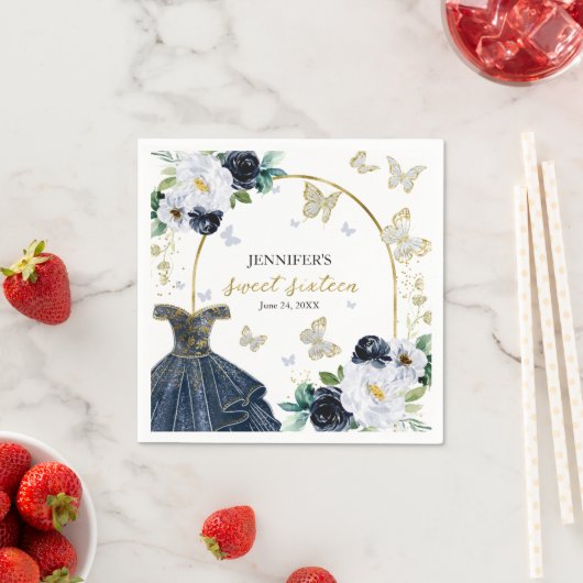 甘い16フローラネイビーブルードレスバタフライ スタンダードカクテルナプキン (インサイチュ)