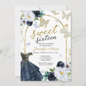 甘い16フローラネイビーブルードレスバタフライ 招待状 (正面)