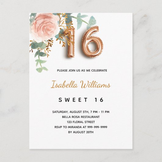 甘い16フローラバラ金ゴールドユーカリ緑 インビテーションポストカード (正面)