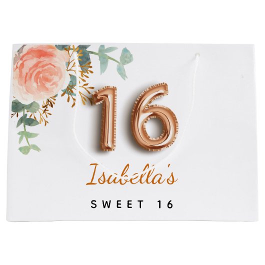 甘い16フローラバラ金ゴールドユーカリ誕生日 ラージペーパーバッグ (正面)