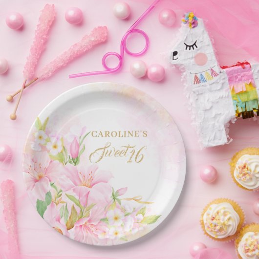 甘い16フローラ水彩植物性赤面ピンク ペーパープレート (パーティー)