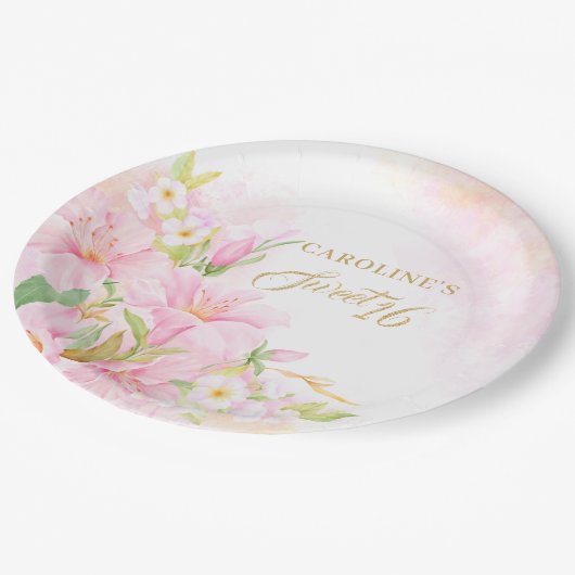 甘い16フローラ水彩植物性赤面ピンク ペーパープレート (アングル)