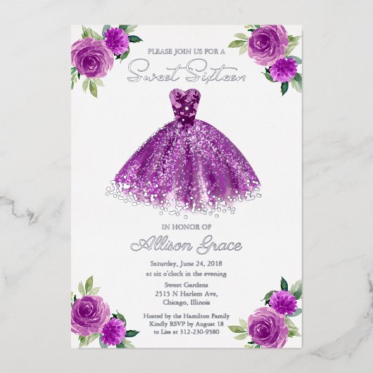 甘い16フローラ水色パープルガウン銀 箔招待状 (正面)