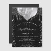 甘い16ブラックシルバーグリッターバルーン贅沢 マグネット招待状 (正面/裏面)
