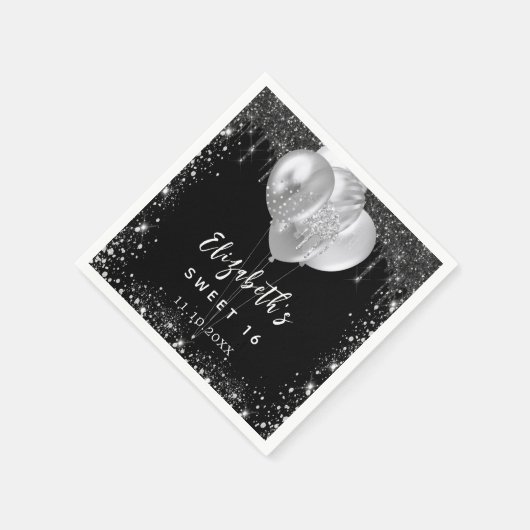 甘い16ブラックシルバーグリッター名風船 スタンダードカクテルナプキン (角)