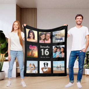 甘い16ブラックシルバー写真コラージュ名 フリースブランケット