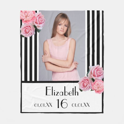 甘い16ブラックストライプフローラ写真 フリースブランケット (正面)