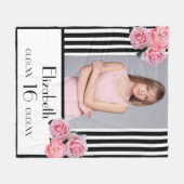 甘い16ブラックストライプフローラ写真 フリースブランケット (正面(横))