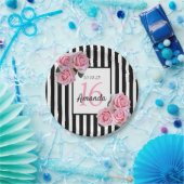 甘い16ブラックストライプ花模様ピンクの名前 ペーパープレート (パーティー)