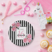 甘い16ブラックストライプ花模様ピンクの名前 ペーパープレート (パーティー)