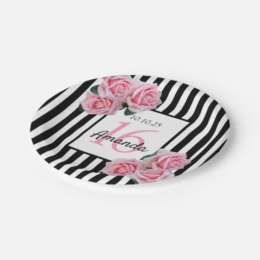 甘い16ブラックストライプ花模様ピンクの名前 ペーパープレート (アングル)