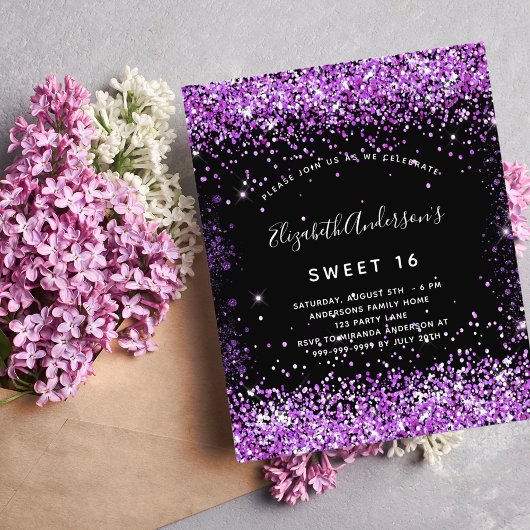 甘い16ブラックパープルグリッター予算の招待 チラシ