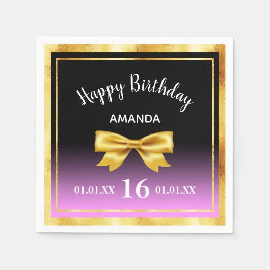 甘い16ブラックパープルピンクの金ゴールドボウ名 スタンダードカクテルナプキン (正面)