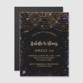 甘い16ブラックパープル金ゴールドグリッターグラマラス マグネット招待状 (正面/裏面)