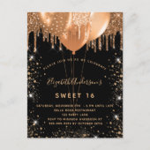 甘い16ブラック金ゴールドグリッターダストバルーン16th インビテーションポストカード (正面)