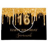 甘い16ブラック金ゴールドグリッタードリップスネーム誕生日 ラージペーパーバッグ (正面)