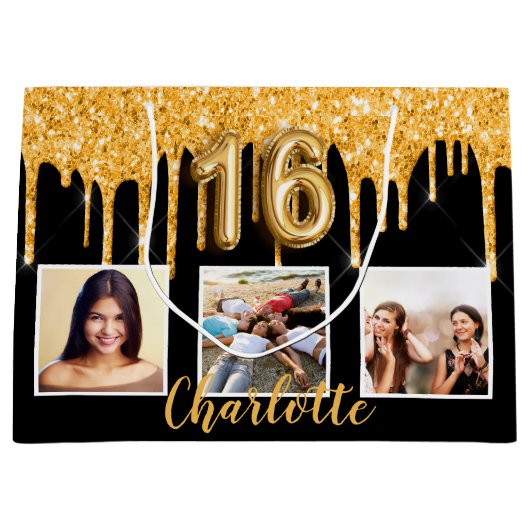甘い16ブラック金ゴールドグリッタードリップフォト誕生日 ラージペーパーバッグ (正面)