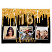 甘い16ブラック金ゴールドグリッタードリップフォト誕生日 ラージペーパーバッグ (裏面)