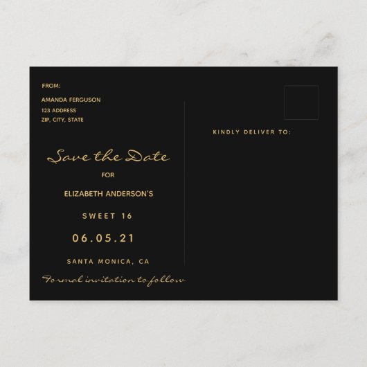 甘い16ブラック金ゴールドピンク花模様日付を保存 ポストカード (裏面)