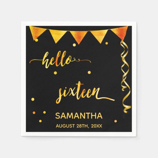 甘い16ブラック金ゴールド名パーティー スタンダードカクテルナプキン (正面)