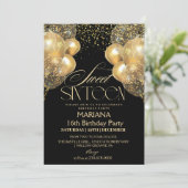 甘い16ブラック&金ゴールドバルーン写真誕生日 招待状 (スタンド正面)