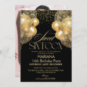甘い16ブラック&金ゴールドバルーン写真誕生日 招待状 (正面/裏面)