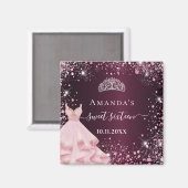 甘い16ブルゴーニュのピンクティアラのドレスグリッターダスト マグネット (正面/裏面)