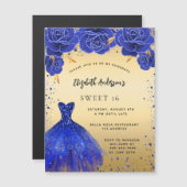 甘い16ブルー王室の金ゴールドドレス花模様贅沢 マグネット招待状 (正面/裏面)
