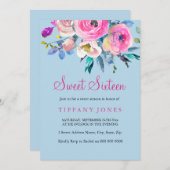 甘い16ブルー&ピンクフローラ水彩招待状 招待状 (正面/裏面)