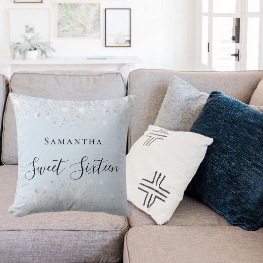 甘い16ベビーブルーシルバーグリッターダスト名 クッション