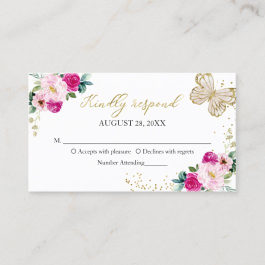 甘い16ホットピンクフローラ蝶RSVPエンクロージャ 名刺 (正面)