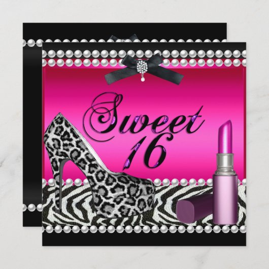 甘い16ホットピンクリップスティックゼブラヒョウ 招待状 (正面/裏面)