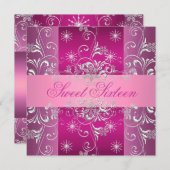 甘い16ホットピンク/ホワイトスノーフレーク誕生日招待状 招待状 (正面/裏面)