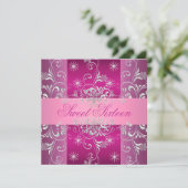 甘い16ホットピンク/ホワイトスノーフレーク誕生日招待状 招待状 (スタンド正面)