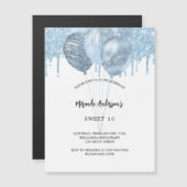 甘い16ホワイトブルーバルーングリッタードリップラグジュアリー マグネット招待状 (正面/裏面)