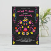 甘い16メキシコのパーティー花ブラック誕生日 招待状 (スタンド正面)
