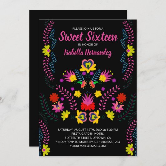 甘い16メキシコのパーティー花ブラック誕生日 招待状 (正面/裏面)