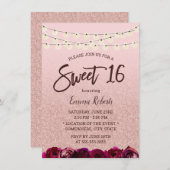 甘い16モダンバラ金ゴールドフローラ文字列ライト 招待状 (正面/裏面)