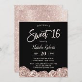 甘い16モダンバラ金ゴールド花エレガント黒 招待状 (正面/裏面)