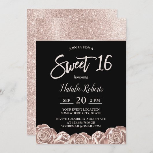 甘い16モダンバラ金ゴールド花エレガント黒 招待状 (正面/裏面)