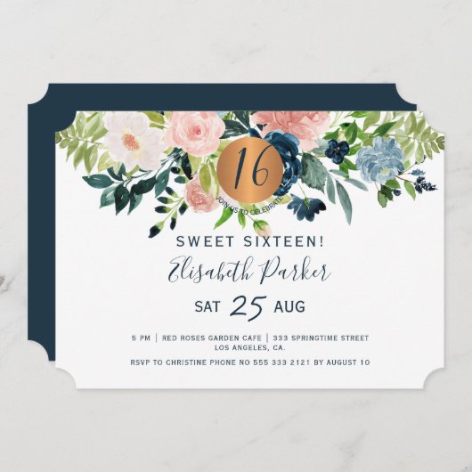 甘い16モダンフローラ水彩誕生日パーティー 招待状 (正面/裏面)