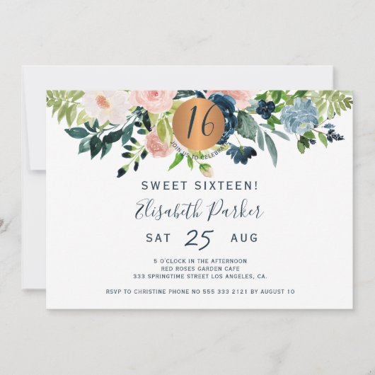 甘い16モダンフローラ水彩誕生日パーティー 招待状 (正面)