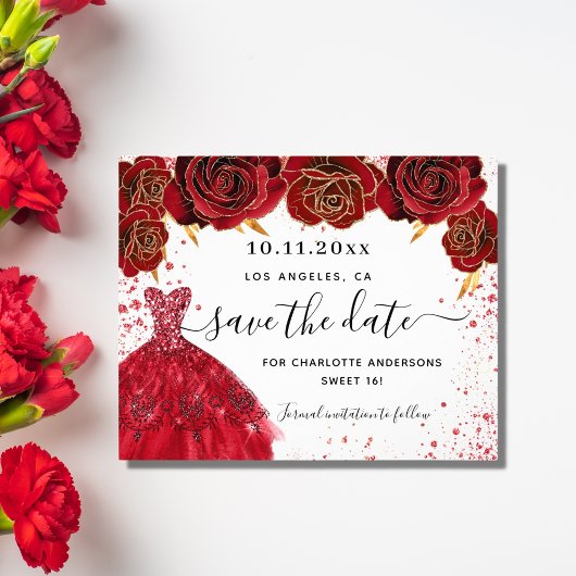 甘い16レッドドレス白の予算は、日付を保存 チラシ