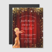 甘い16レッド金ゴールドグリッタードレスムービー豪華 マグネット招待状 (正面/裏面)