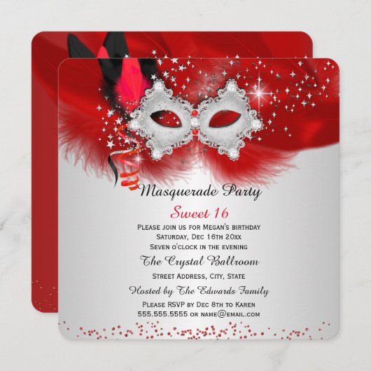甘い16レースマスクレッドシルバーマスカレード 招待状 (正面/裏面)