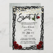 甘い16ヴィンテージ赤いバラの花とげのフレーム 招待状 (正面/裏面)