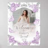 甘い16写真ウェルカムサインバタフライラベンダー ポスター (正面)