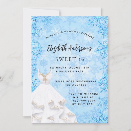 甘い16冬のワンダーランド明るい青の白いドレス 招待状 (正面)