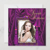 甘い16十六歳の誕生日パーティパープル金ゴールド 招待状 (正面)