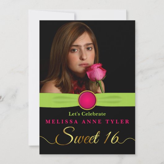 甘い16宝石フェイクとリボンの写真招待状 招待状 (正面)